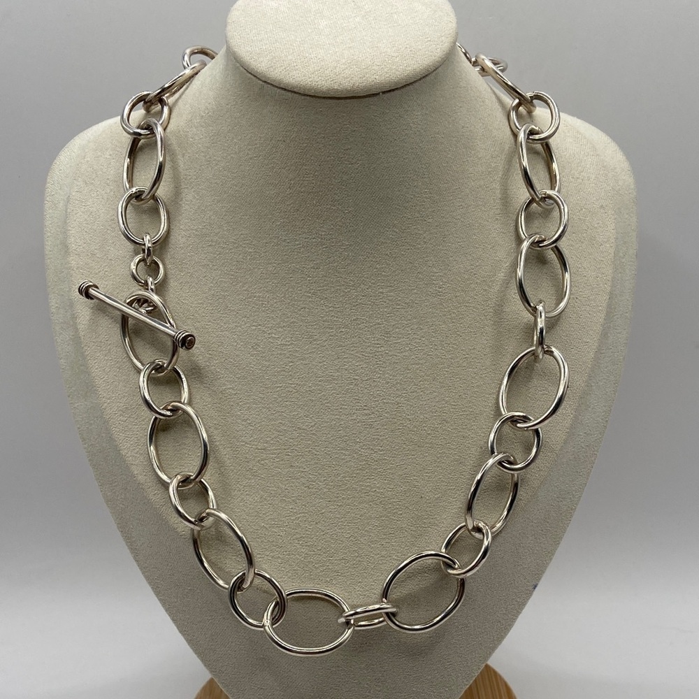 Sterling Silver 925 Chunky Oval Link Necklace With Toggle Clasp 18”L